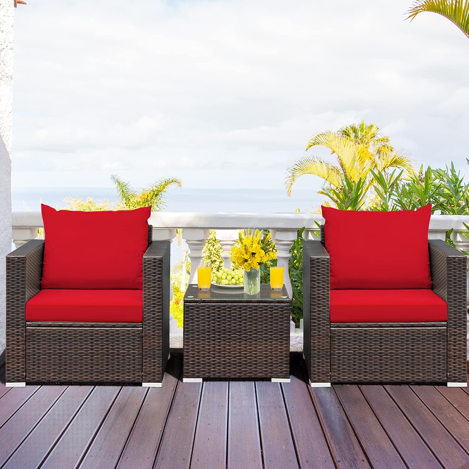 HAPPYGRILL 3 Piece Patio Furniture Set PE Rattan Wicker Sofa Set with Cushions and Coffee Table Outdoor Patio Conversation Set for Garden Poolside Balcony