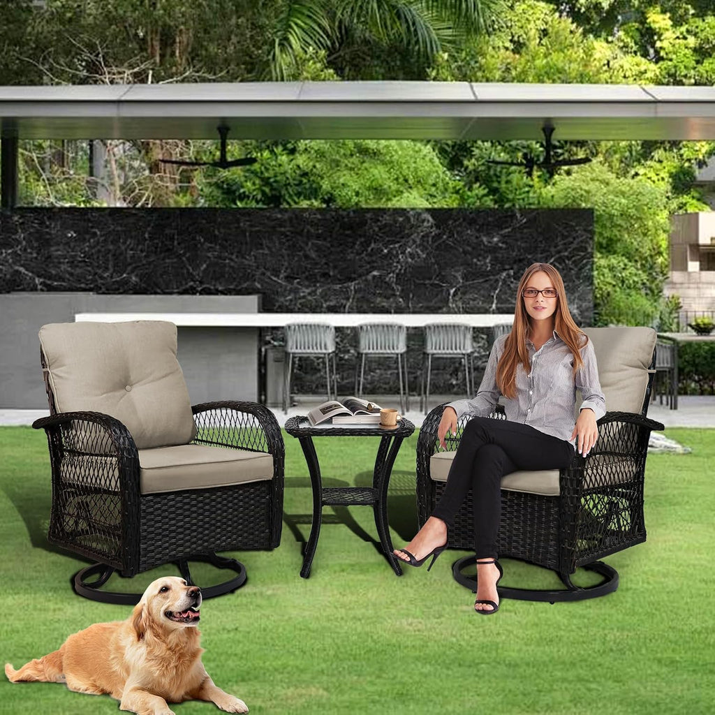 SHGJ&SOFT 3 Piece Patio Furniture Set, 2 Outdoor Swivel Rocking Chairs with Side Table, Wicker Glider Chairs, All-Weather Rattan Bistro Set for Porch, Deck, Pool (Brown, Brown Open-Weave Rattan)