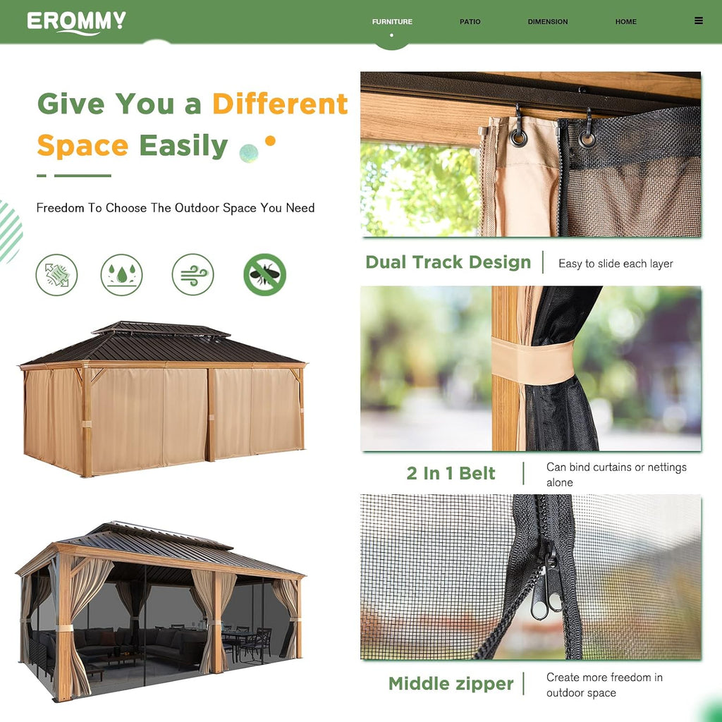 EROMMY 12'x20' Gazebo, Galvanized Steel Double Roof with Wood Grain Aluminum Frame, Outdoor Permanent Metal Pavilion with Curtains and Nettings for Patio, Backyard and Deck