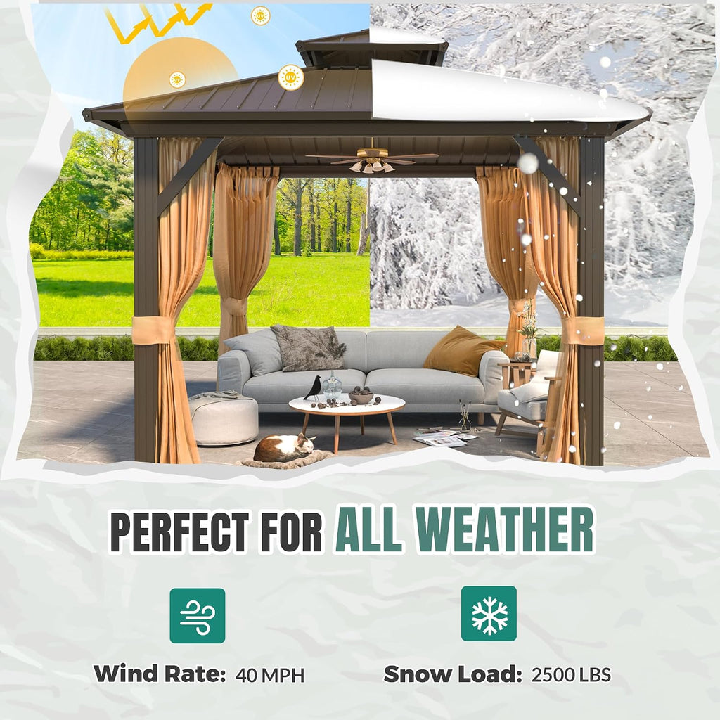MELLCOM 10' x 10' Gazebo, Hardtop Double Roof Gazebo with Aluminum Frame, Galvanized Steel Outdoor Pavilion with Curtain and Netting for Patio, Garden, Lawn, Brown