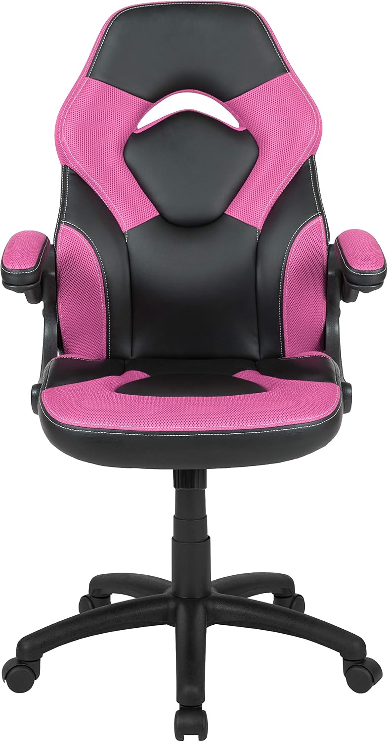 Flash Furniture X10 High-Back LeatherSoft Racing Style Gaming Chair with Flip-Up Arms, Ergonomic Padded Swivel Computer Chair, Pink/Black