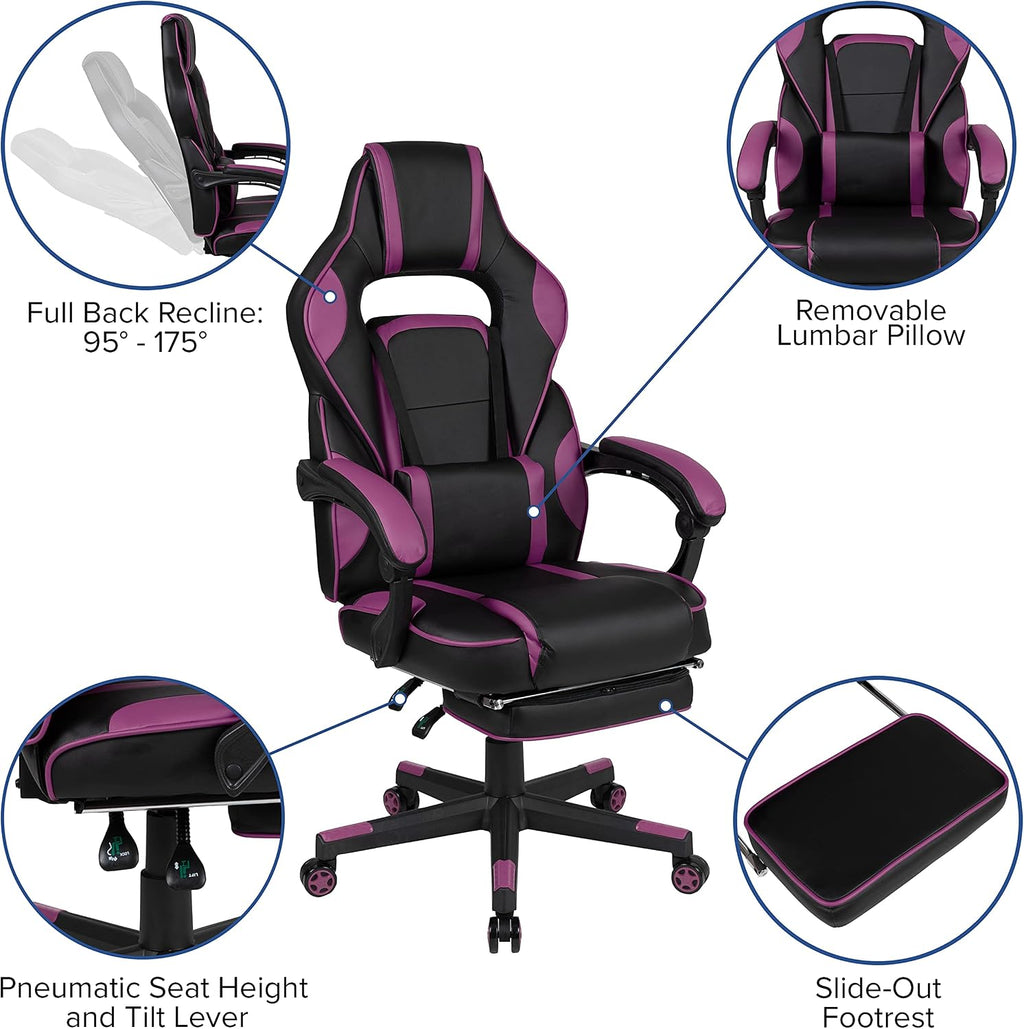 EMMA + OLIVER Black/Purple Ergonomic Gaming Chair -Recline Back/Arms, Footrest, Massaging Lumbar
