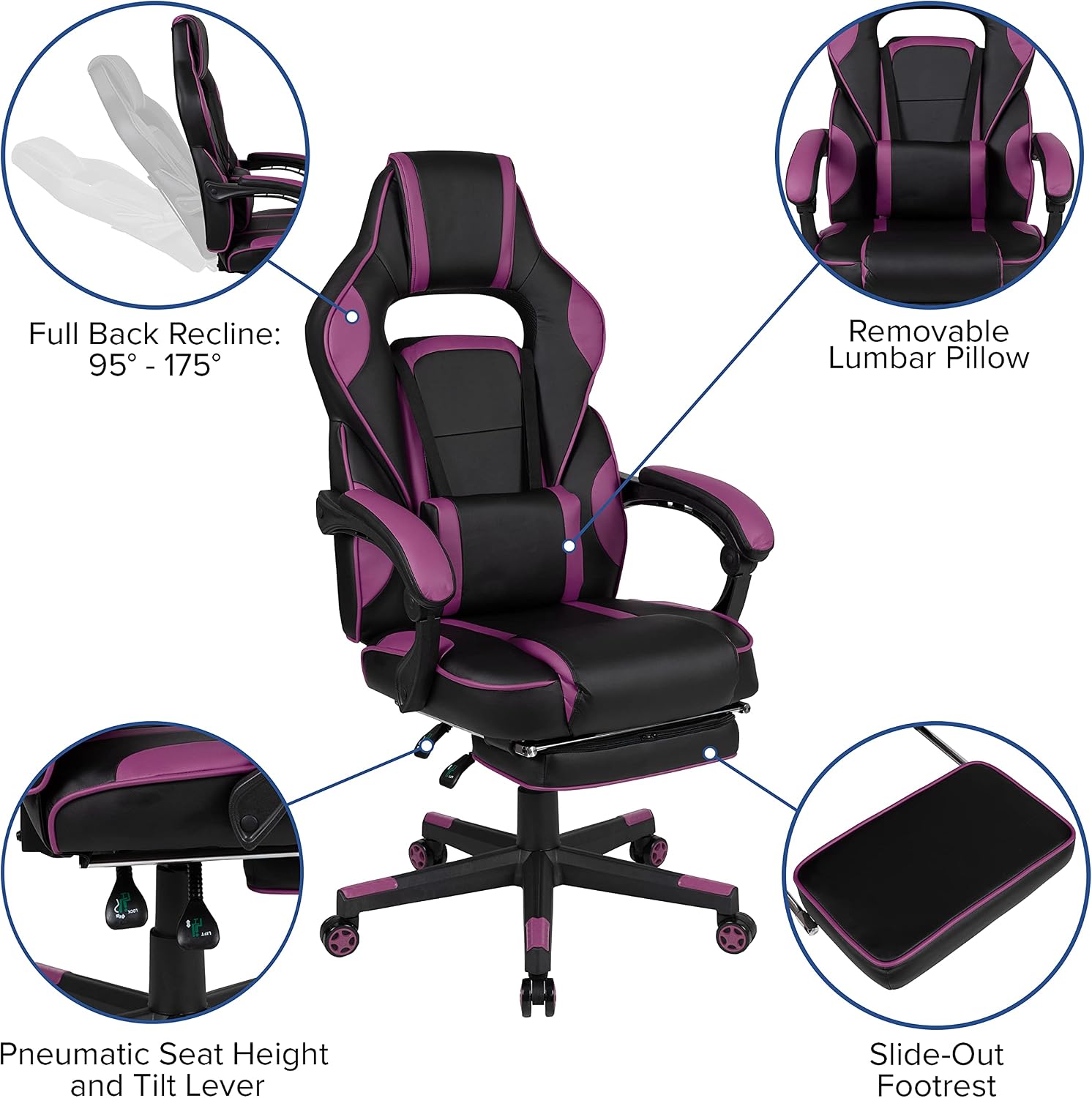 EMMA + OLIVER Black/Purple Ergonomic Gaming Chair -Recline Back/Arms, Footrest, Massaging Lumbar