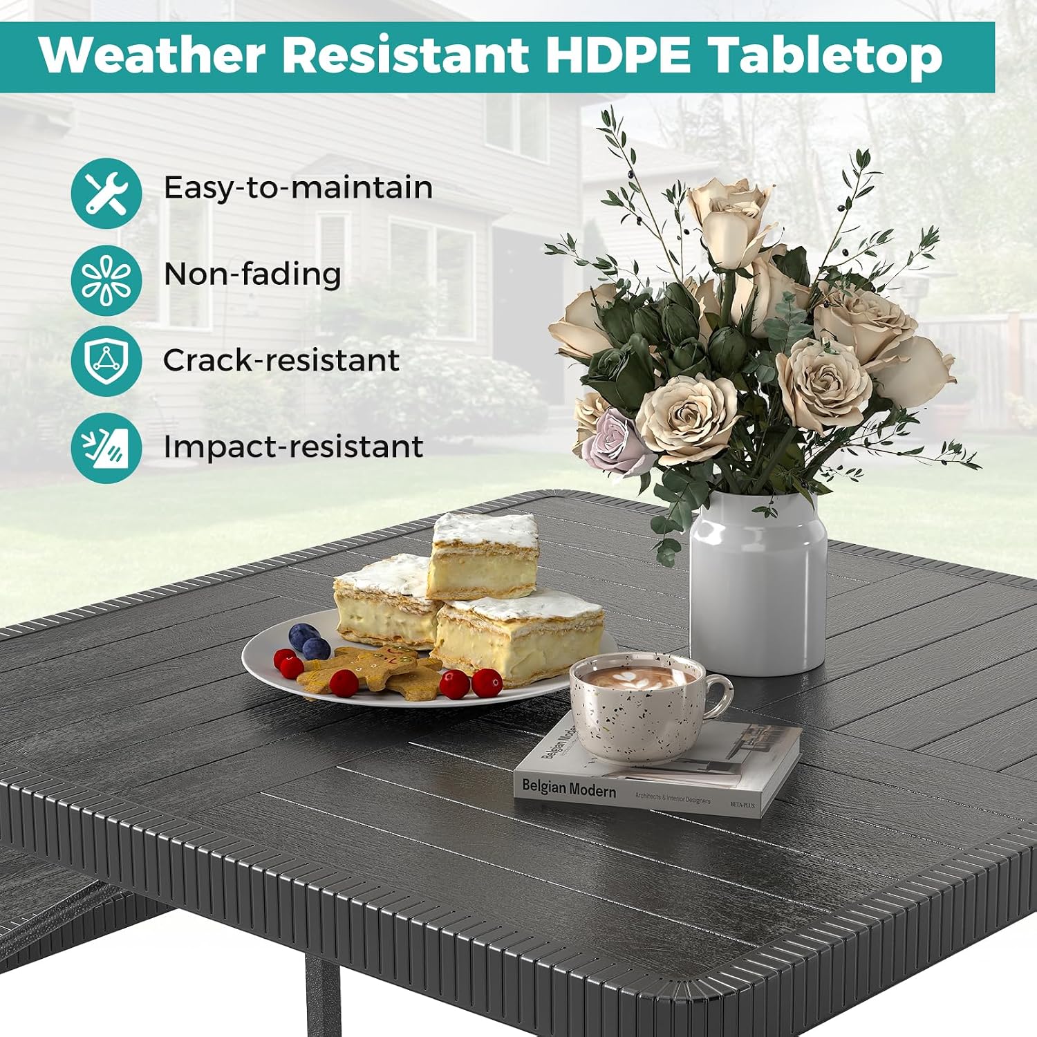 Giantex Picnic Table Bench Set for 4-8 People, 34' Outdoor Square Dining Table & 2 Benches w/Umbrella Hole, HDPE Tabletop, Metal Frame, Patio Camping Furniture for Backyard Porch Lawn (Black,Square)