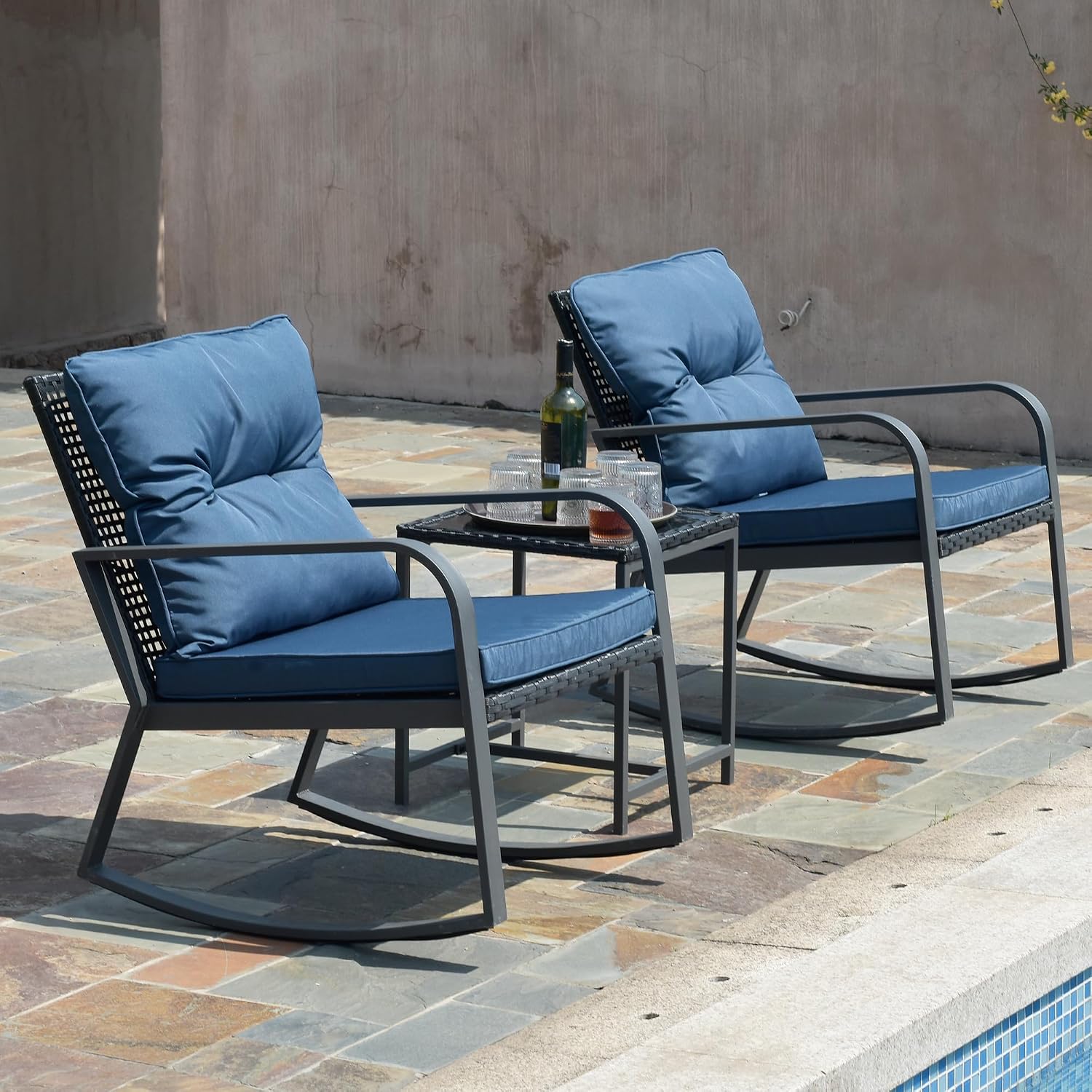 3 Piece Rocking Bistro Patio Set, Outdoor Rocking Chair, Outdoor Bistro Sets Wicker Patio Furniture Rocking Chairs Sectional Couch with Tempered Glass Top Coffee Table & Cushions, Dark Blue