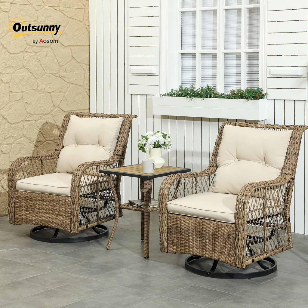 Outsunny PE Wicker Outdoor Bistro Set, Swivel Glider Patio Chairs and 2-Tier Storage Table with Slatted WPC Top, 3 Piece Patio Furniture Set with Cushions for Balcony, Porch, Backyard, Beige