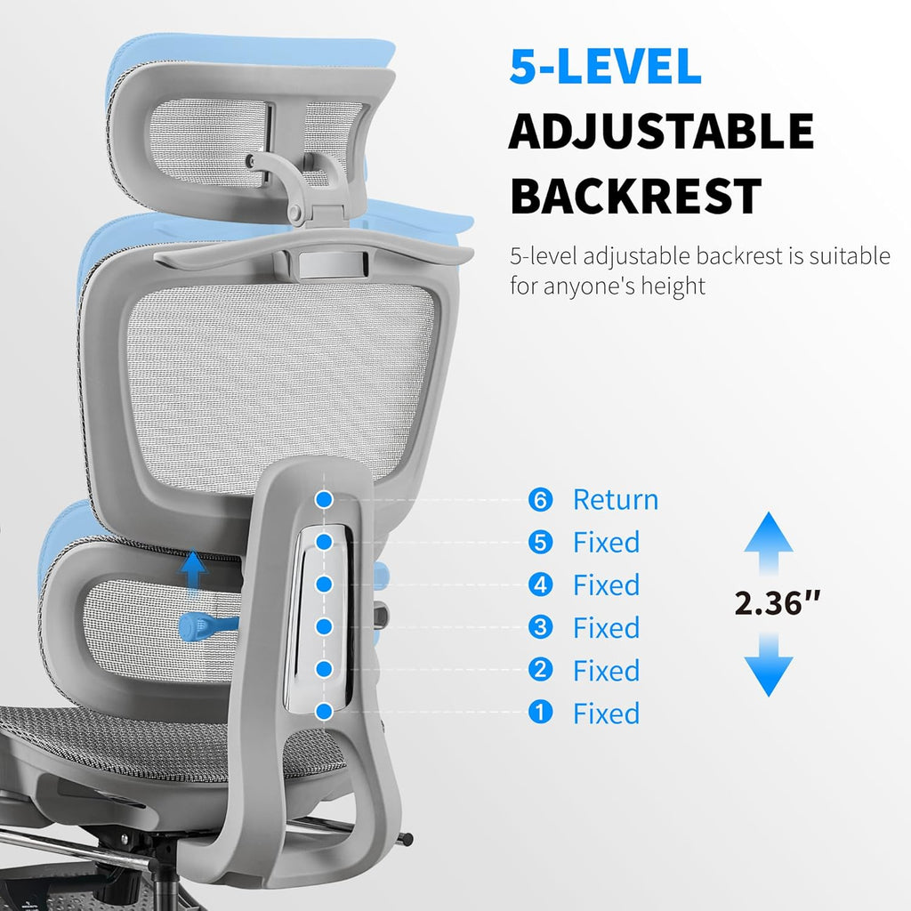 Mesh Ergonomic Office Chair with Footrest, High Back Mesh Gaming Chair with Lumbar Support, Adjustable Headrest and Armrests for Home Office Desk Chair (Modern, Grey)