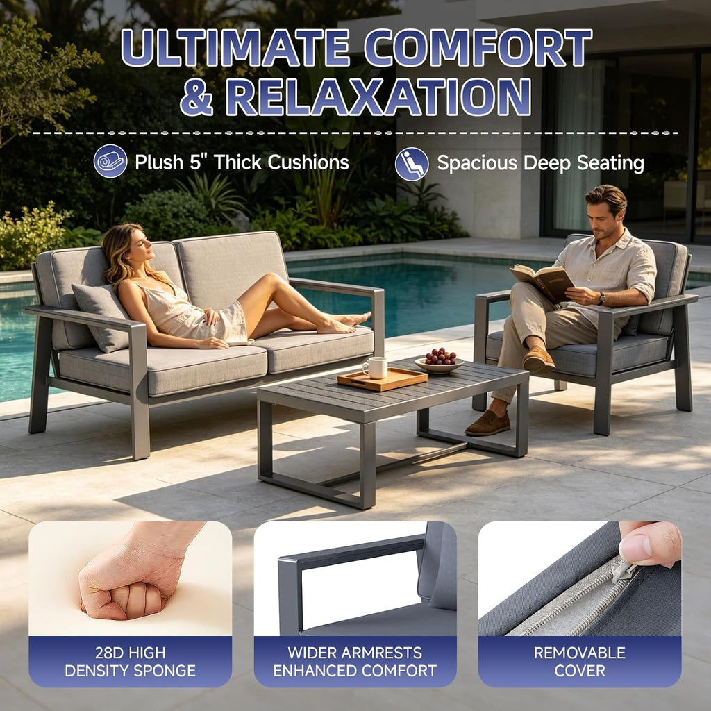 Premium Aluminum Patio Furniture Set 4 Piece,Outdoor Conversation Set with Wide Armrest,5' Thick Cushions, Olefin Fabric,Rustproof Metal Frame,Deep Seating Patio Sofa Set for Backyard,Deck,villa,Gray