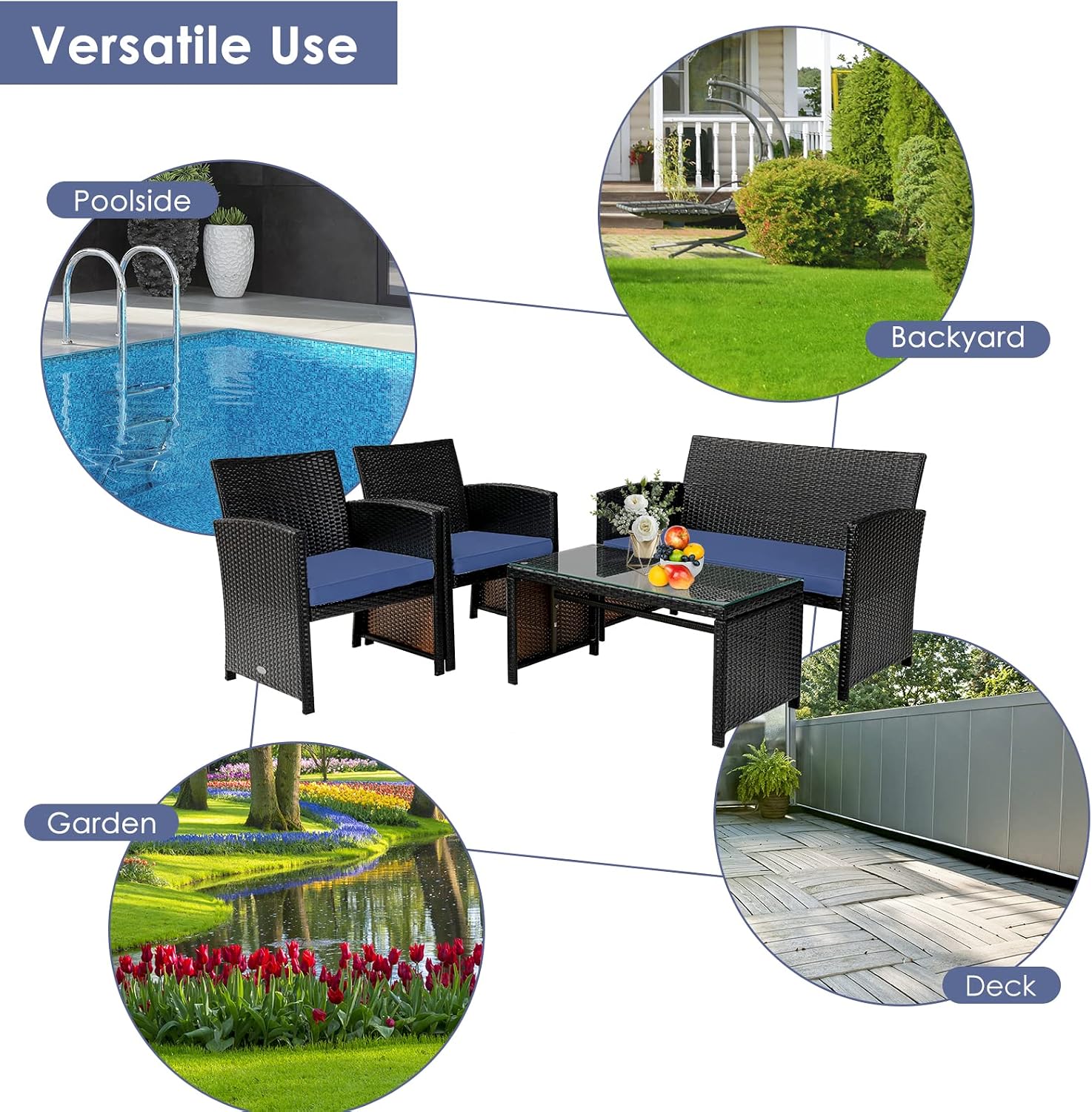 COSTWAY Patio Furniture Set 4 Pieces, Outdoor Wicker Chairs Sofa w/Coffee Table and Soft Cushions, Rattan Conversation Sets for Patio Lawn Backyard Yard Pool Garden, Navy