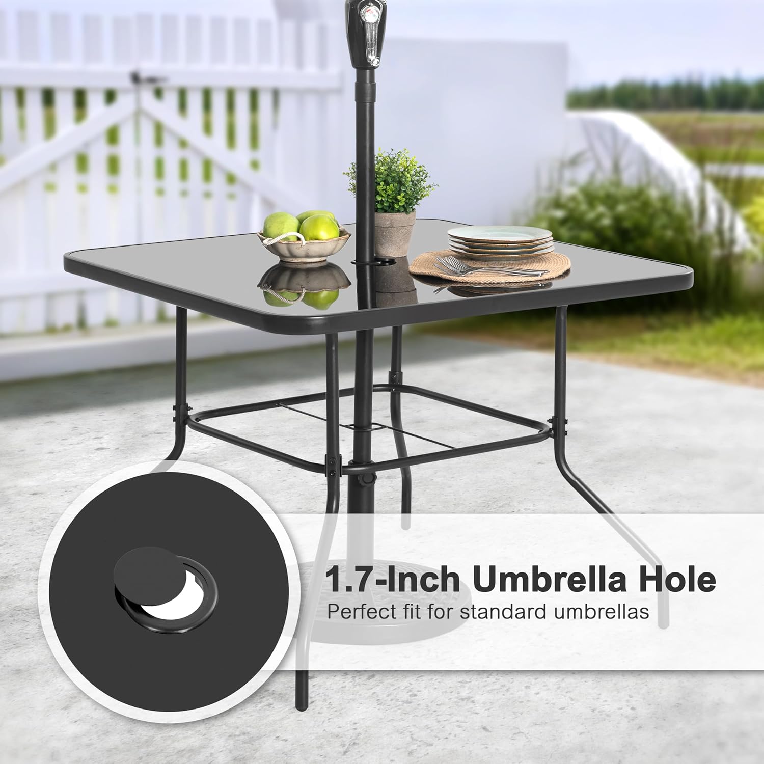 NUU GARDEN 5 PCS Patio Dining Set, Metal Outdoor Table and Chairs, with 4 Stackable Chairs and 31.5'' Square Table with Umbrella Hole, Outdoor Dining Set for Lawn, Balcony, Garden, Black and Brown