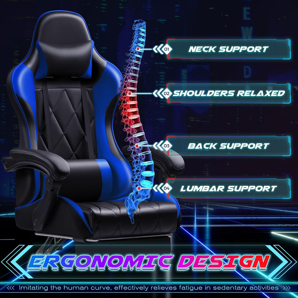Shahoo Gaming Chair with Footrest and Massage Lumbar Support, Computer Game Chairs Ergonomic Office Seat Height Adjustable with Headrest, Blue