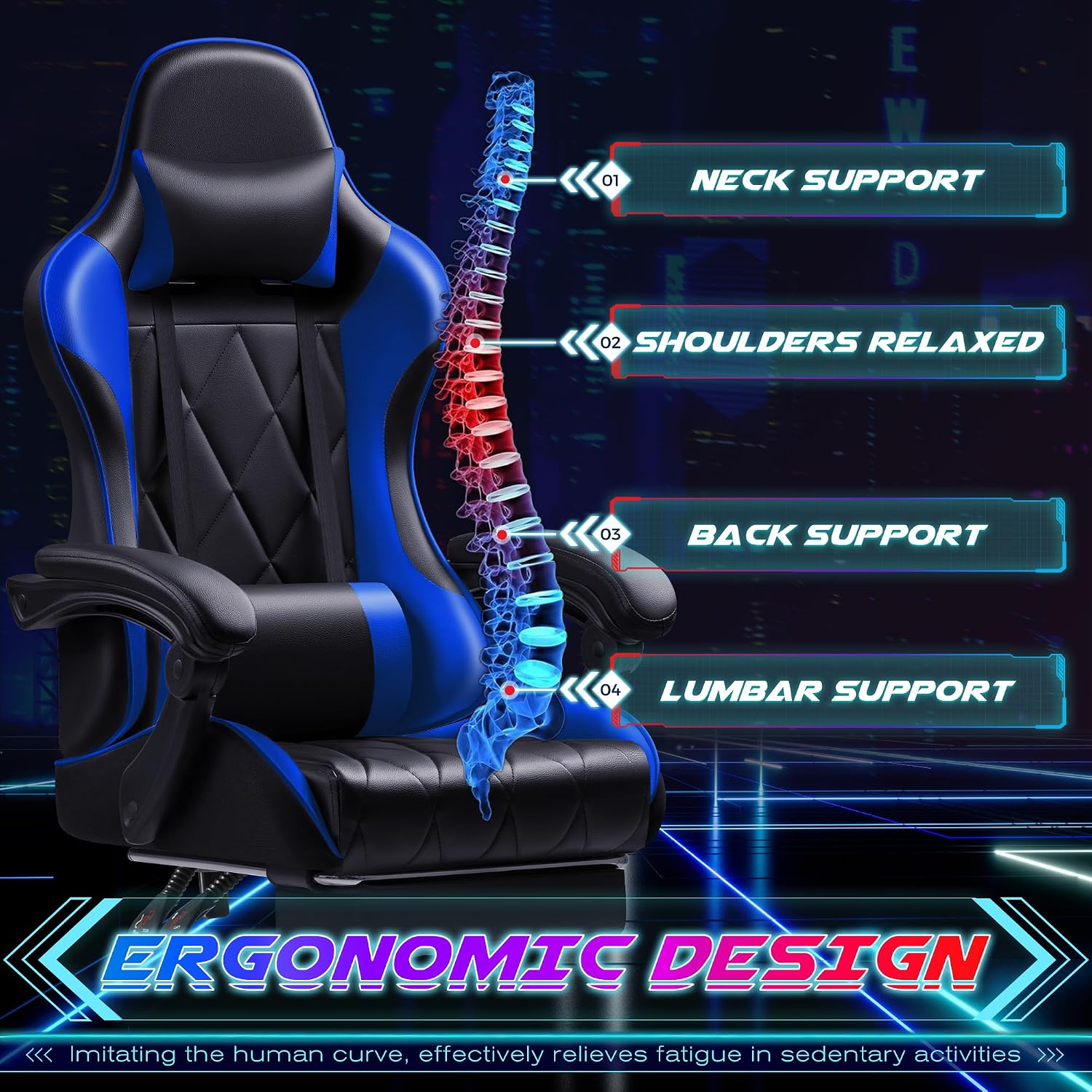 Shahoo Gaming Chair with Footrest and Massage Lumbar Support, Computer Game Chairs Ergonomic Office Seat Height Adjustable with Headrest, Blue