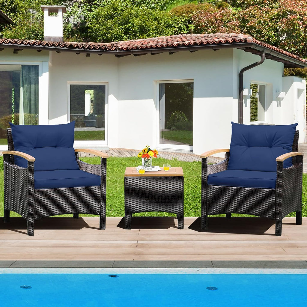 Tangkula 3-Piece Patio Furniture Set, Patiojoy Outdoor Rattan Sofa Set with Coffee Table, Patio Conversation Set with Removable Cushion, Cozy Acacia Wood Armrests for Backyard, Poolside (Navy)