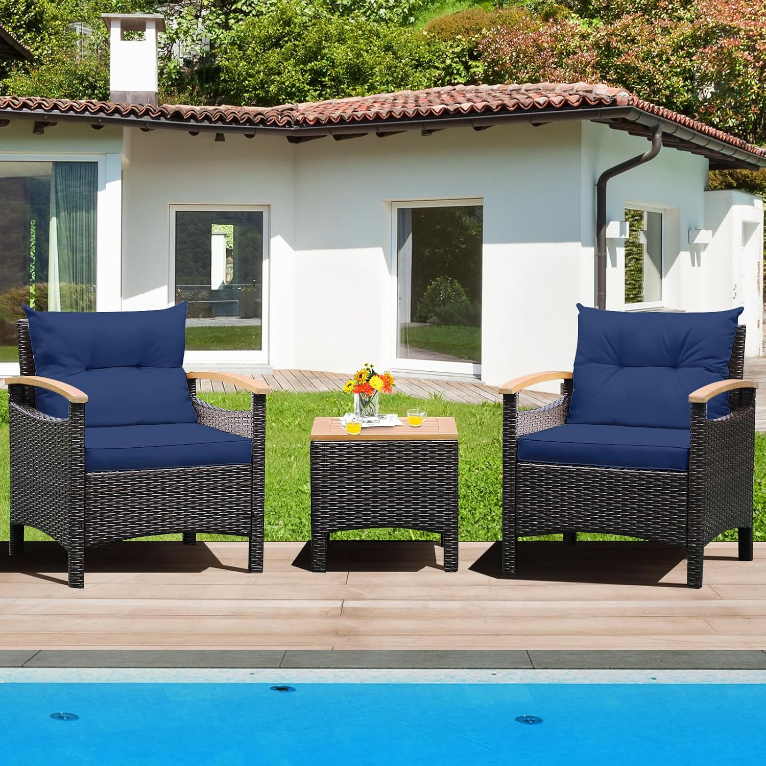 Tangkula 3-Piece Patio Furniture Set, Patiojoy Outdoor Rattan Sofa Set with Coffee Table, Patio Conversation Set with Removable Cushion, Cozy Acacia Wood Armrests for Backyard, Poolside (Navy)