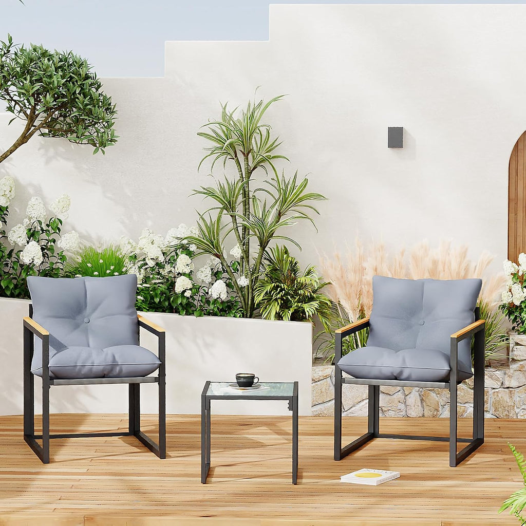 3 Piece Patio Bistro Set Outdoor & Indoor - Small Space Balcony Furniture with 2 Cushioned Deep Seating Chairs & Coffee Table, Rust-Proof Metal Frame, Breathable Textilene, Modern Porch Deck Set