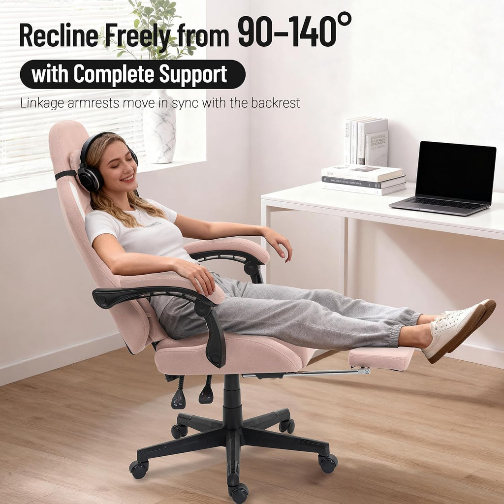Big and Tall Gaming Chair Fabric with Pocket Spring Cushion, High Back Heavy Duty Gaming Chairs for Adults with Massage Lumbar Support, Ergonomic Computer Chair with Footrest for 400LBS Pink