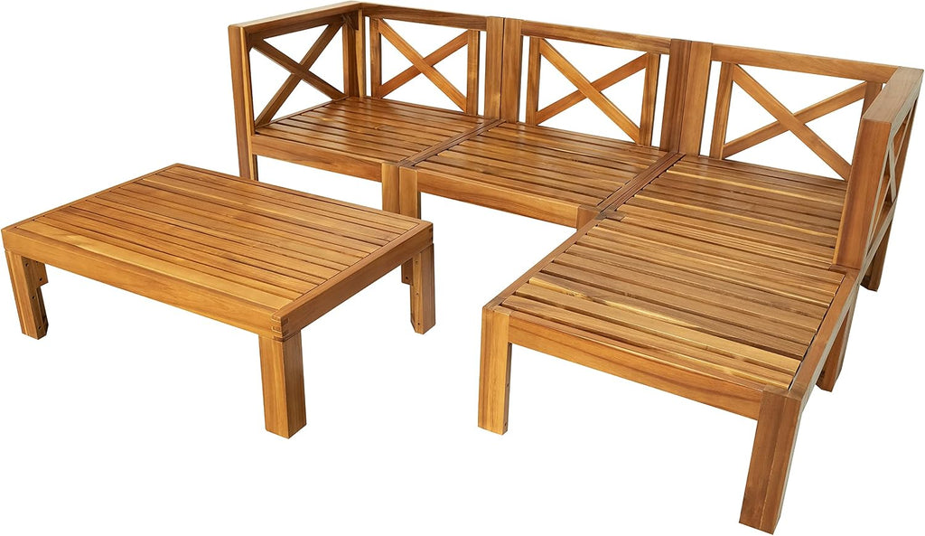 Upgrade Acacia Wood Outdoor Patio Sectional Sofa Set, 5-Piece All-Weather Conversation Sofa Set with Cushions and Side Coffee Table for Balcony Garden Backyard Poolside (Beige-UP)