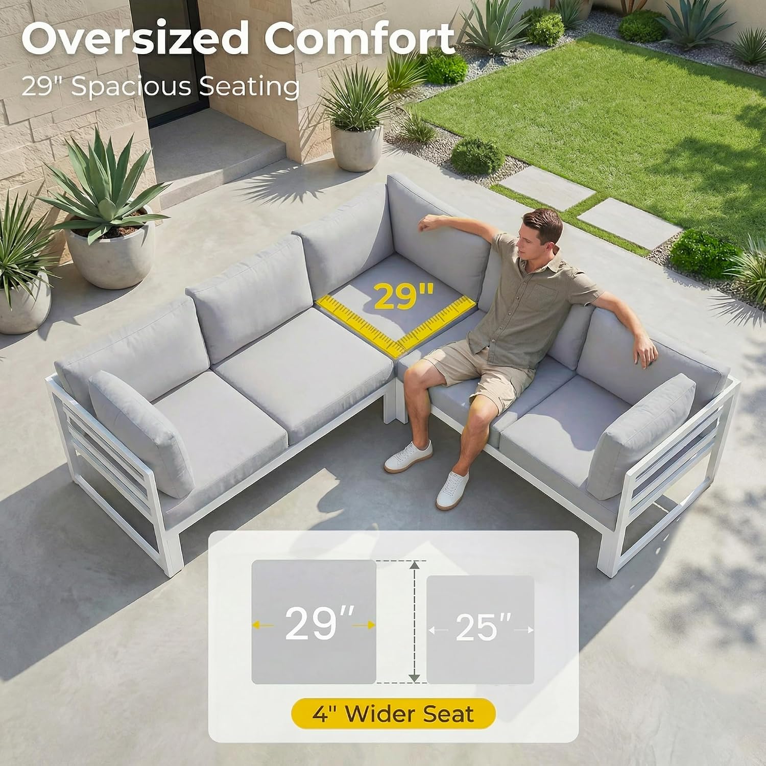 RADIATA 7 Piece Luxury Aluminum Outdoor Sectional Sofa with Fire Pit Table, Oversized L Shaped Patio Furniture Set, 29 inch Deep Wide Seating, 500 lbs Heavy Duty Comfy Conversation Set for Yard, White