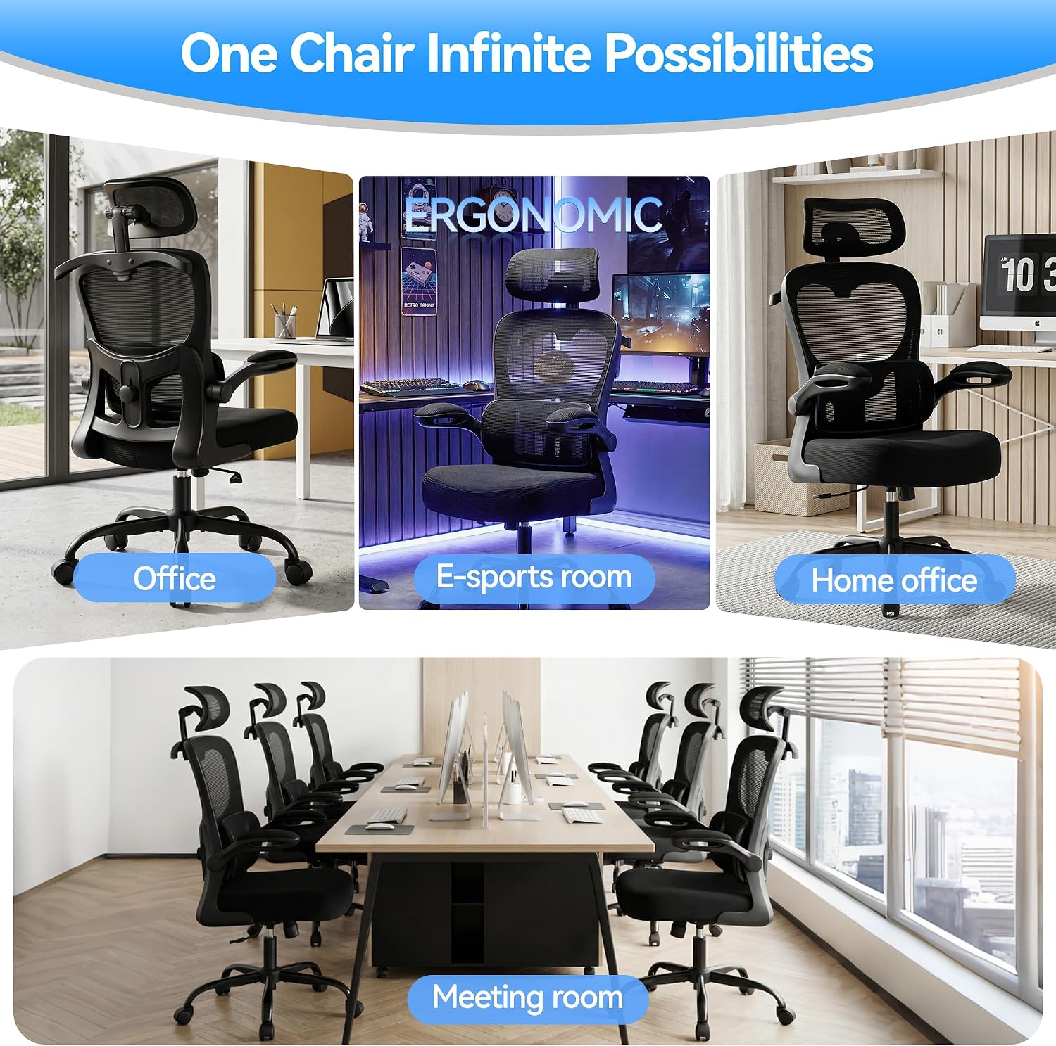 AreShark Office Chair-Ergonomic Desk Chair with Hidden Hanger & Flip-Up Arms, High Back Mesh Computer Chair with 2D Headrest & Adjustable Lumbar, Comfy Rolling Task Chair for Home Work Gaming, Black