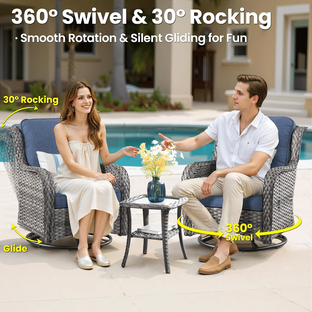 ovios 7-Piece Patio Furniture Set with Swivel Chairs Side Table, Outdoor Wicker Sofa with 42' Fire Pit Table, High Back Couch Modern Conversation Sets, Grey/Denim Blue