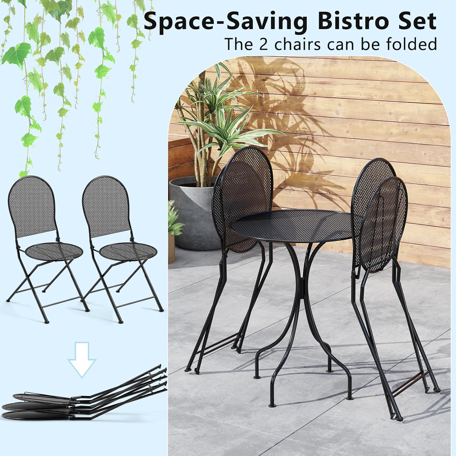 Tangkula 3 Pieces Patio Bistro Set, Metal Table and Folding Chair Set for 2, Outdoor Garden Furniture Set with Round Table & 2 Folding Chairs, Indoor Outdoor Bistro Set for Garden, Yard, Porch