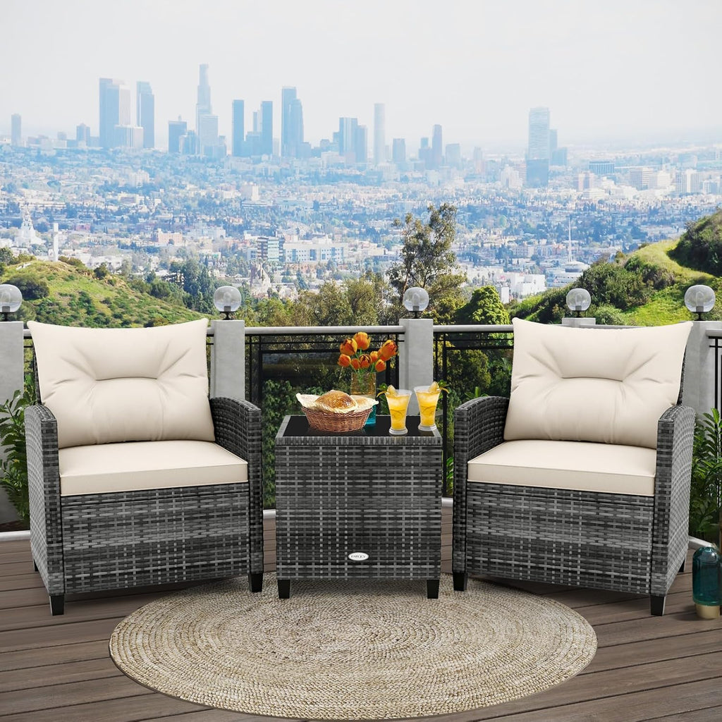 RELAX4LIFE 3 Piece Patio Furniture Set, Wicker Bistro Conversation Set w/2 Cushioned Armchairs & Glass Topped Table, Outdoor Rattan Sofa Set Patio Furniture for Porch Balcony Poolside (Grey-White)