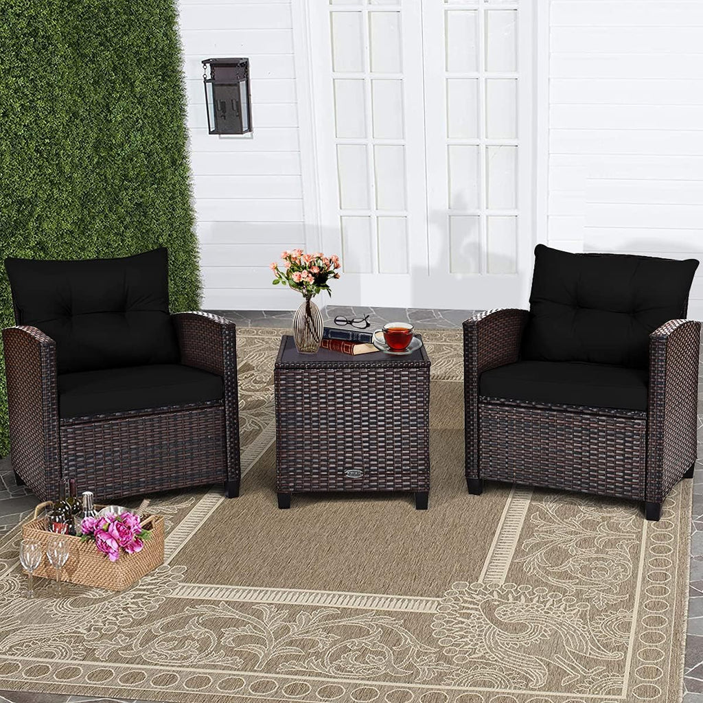 COSTWAY 3PCS Patio Furniture Set, PE Rattan Wicker Sofa w/Washable Cushion and Coffee Table, Tempered Glass Tabletop, Outdoor Conversation Set for Balcony, Porch, Yard, Backyard, Lawn, Black