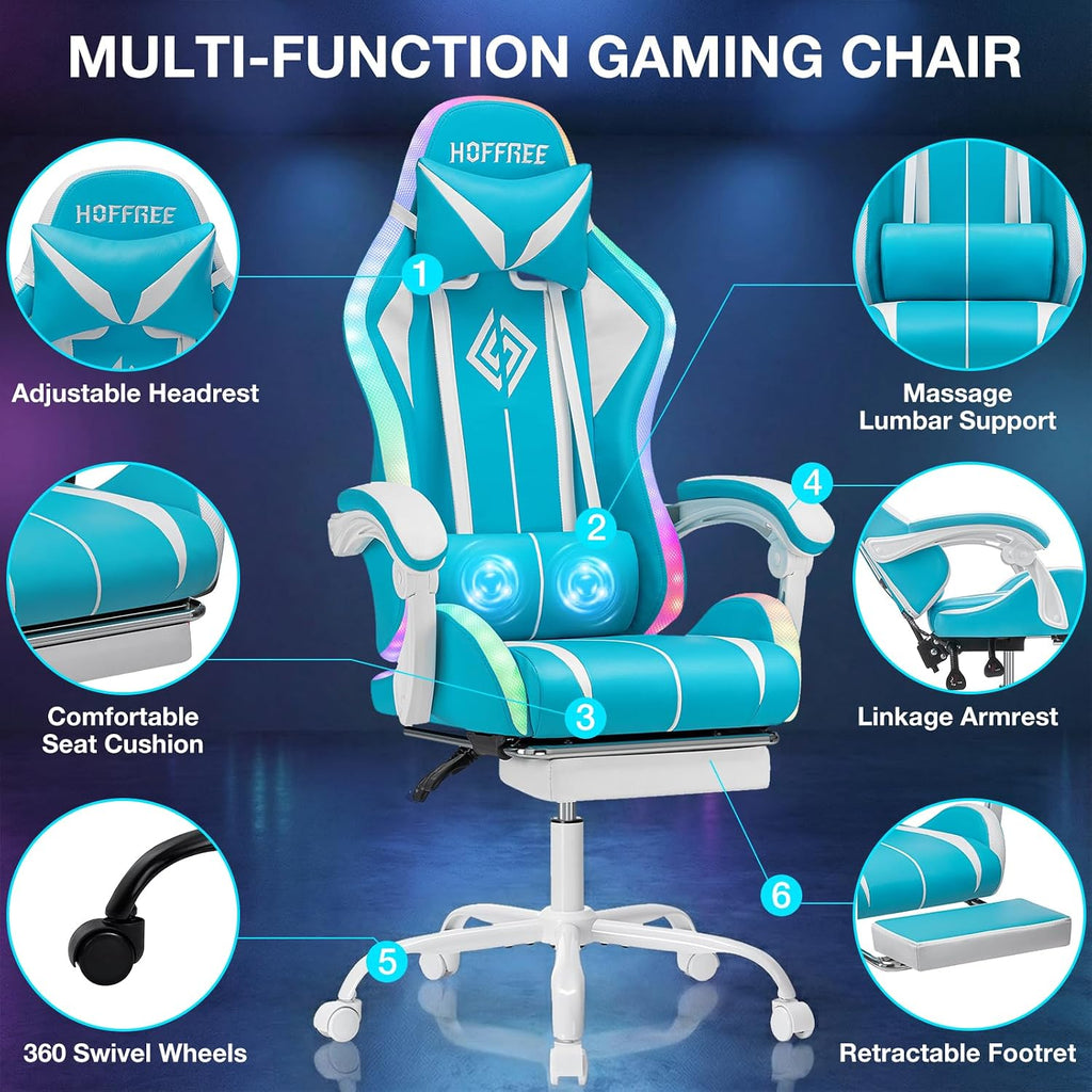 RGB Gaming Chair with LED Lights Massage Ergonomic Computer Gaming Chair High Back Video Game Chair with Footrest and Adjustable Lumbar Support Linkage Armrest Gamer Chairs for Adults Blue and White