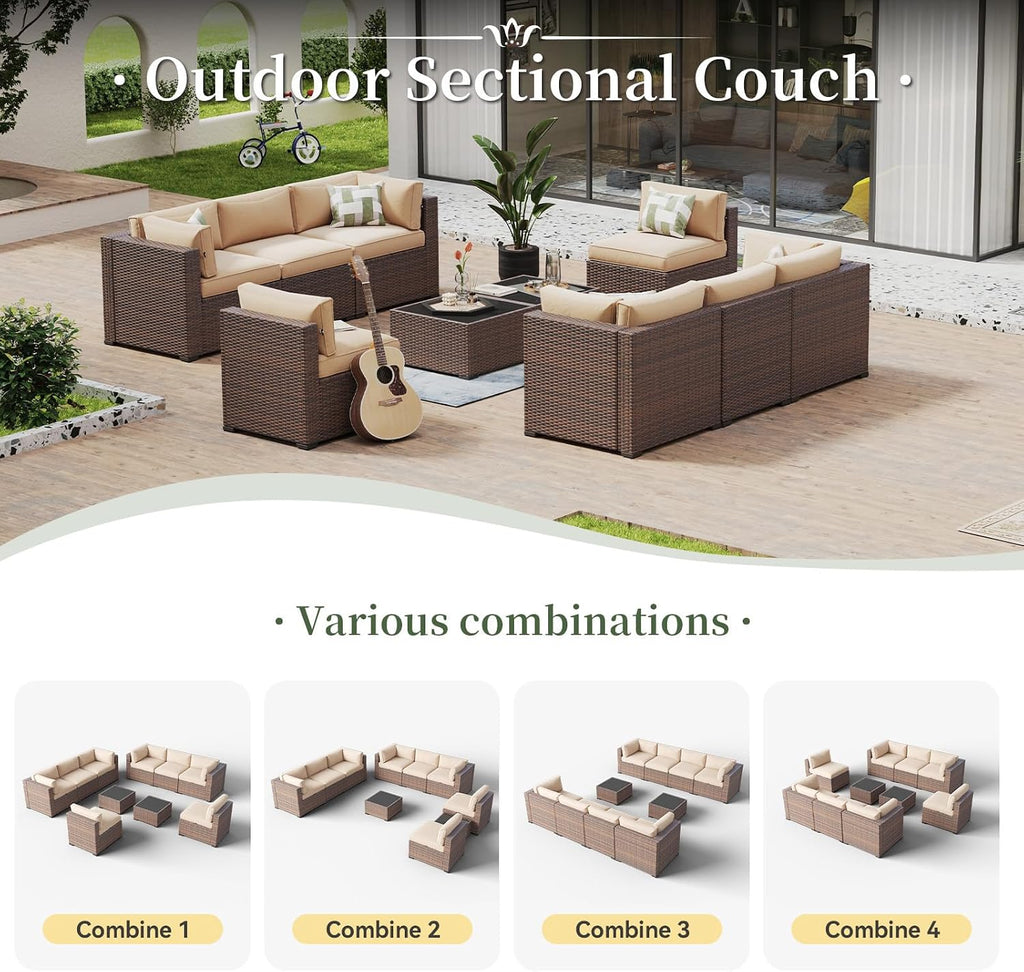 Aoxun 10 Piece Patio Furniture Set Wicker Rattan Patio Conversation Set Outdoor Sectional Sofa Set with Coffee Table and 4' Thickened Cushions, Beige(Waterproof Cover Included)