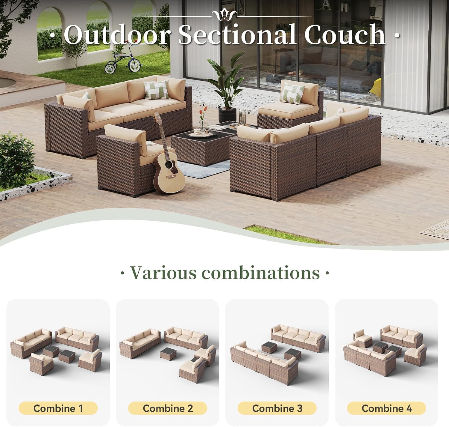 Aoxun 10 Piece Patio Furniture Set Wicker Rattan Patio Conversation Set Outdoor Sectional Sofa Set with Coffee Table and 4' Thickened Cushions, Beige(Waterproof Cover Included)