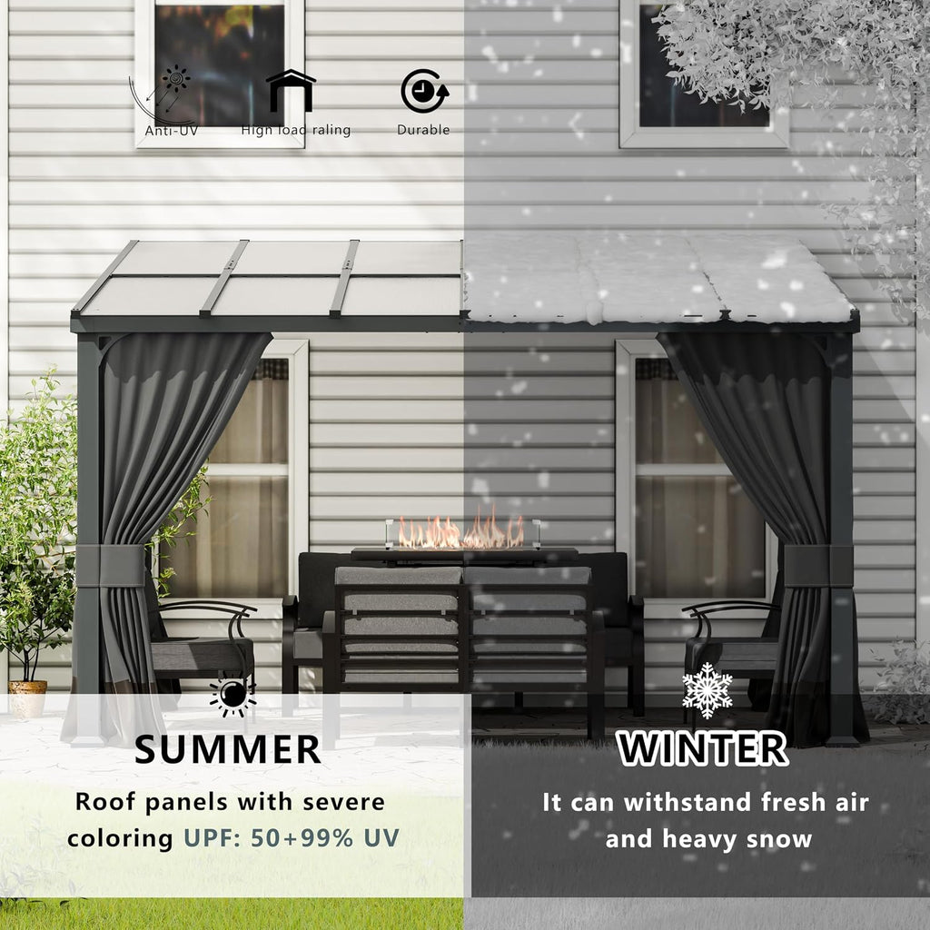 10x12FT Gazebo, Hardtop Wall Mounted Gazebo with Sloping Sun Panel Roof, Awnings for Patio with Metal Frame, Double Curtains for Garden, Lawn, Backyard Deck, Sand