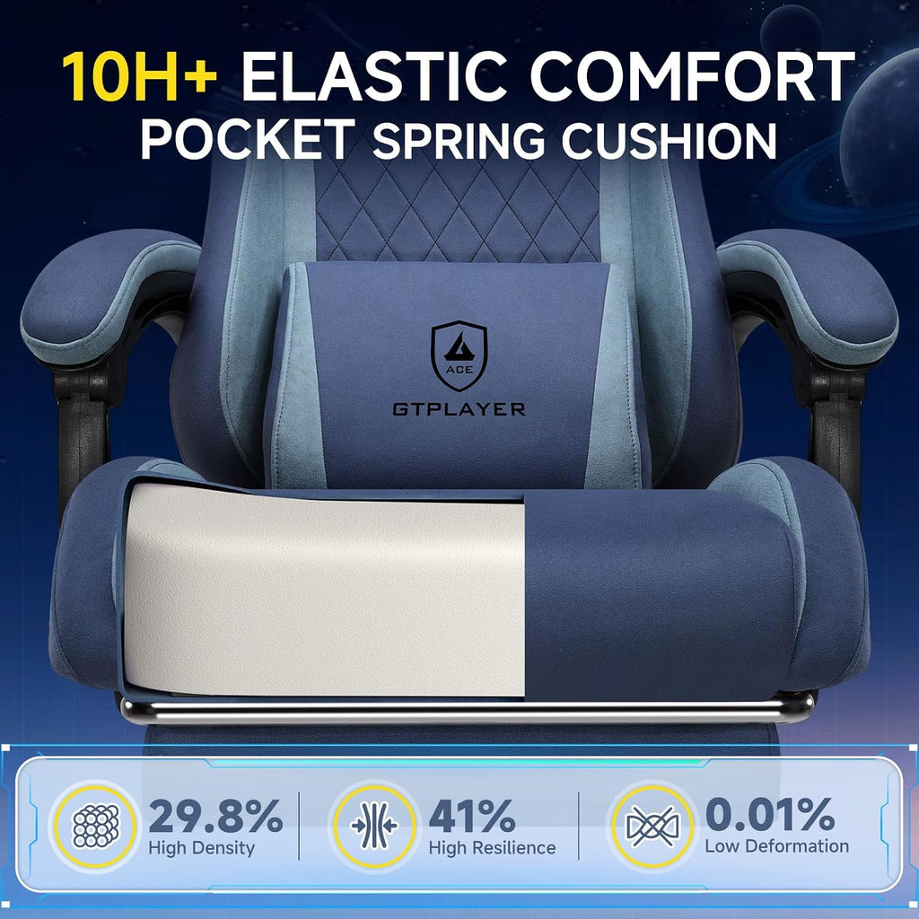 GTPLAYER Gaming Chair, Video Game Chairs with Footrest and Lumbar Support, Computer Chair for Adults with Extended Backrest, Ergonomic Reclining Silla Gamer, Fabric, Dark Blue