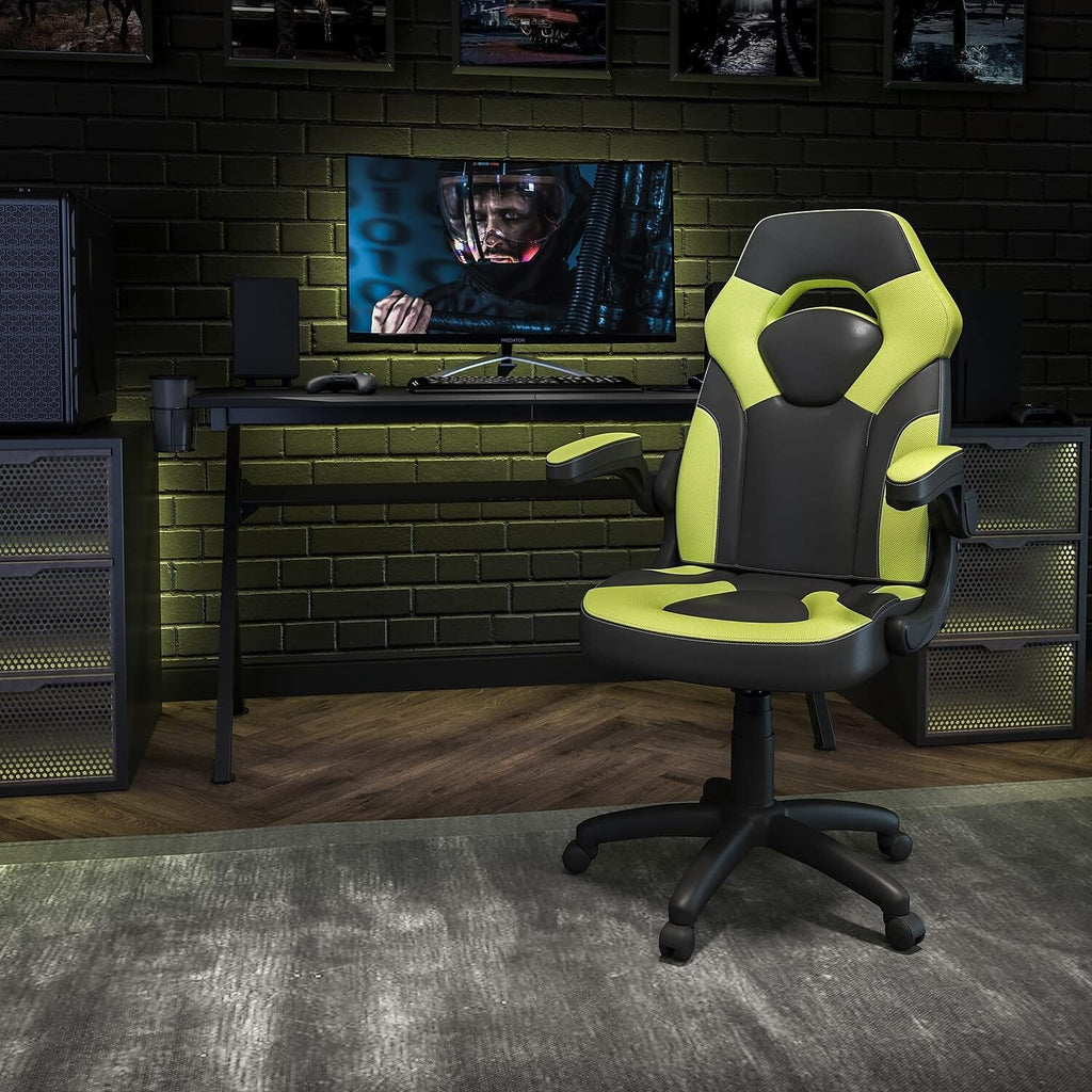 Flash Furniture X10 Gaming Chair Racing Office Ergonomic Computer PC Adjustable Swivel Chair with Flip-up Arms, Neon Green/Black LeatherSoft