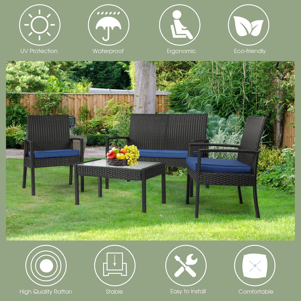 PAOLFOX4 Piece Outdoor Patio Furniture Set, Rattan Patio Conversation Set with Table,Modern Wicker Chairs and Table Sets,Outdoor Furniture for Porch, Garden, Lawn, Blue