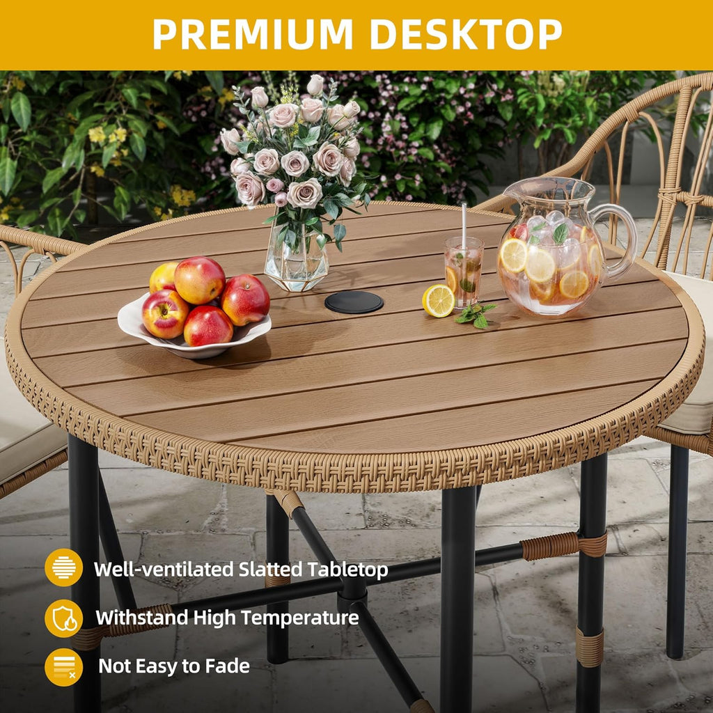 DWVO 5 Piece Patio Dining Sets, Outdoor Dining Furniture Set with 2' Umbrella Hole, Wicker Rattan Round Table and Chairs Set with Comfortable Cushions for Patio, Balcony, Backyard, Beige