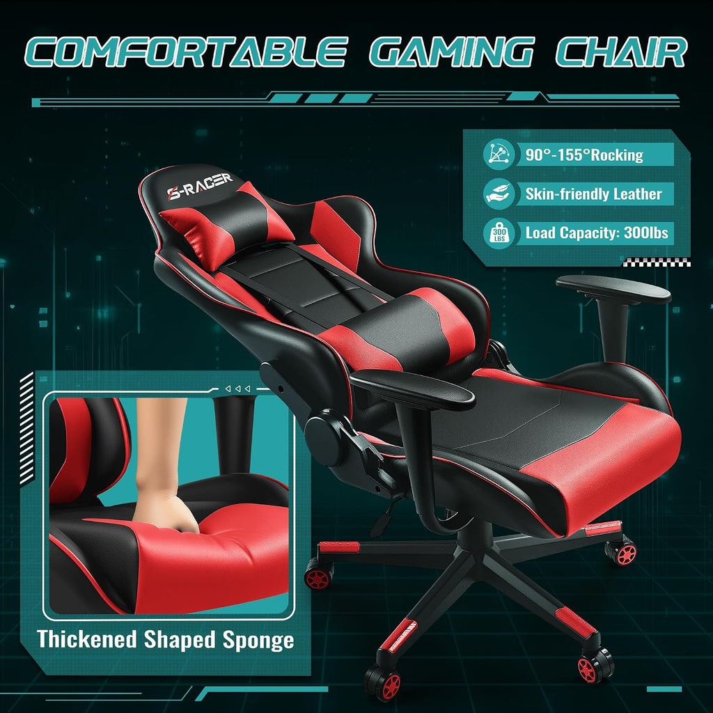 Furniwell Gaming Chair - High Back Computer Desk Chair with Headrest and Lumbar Support (Red)