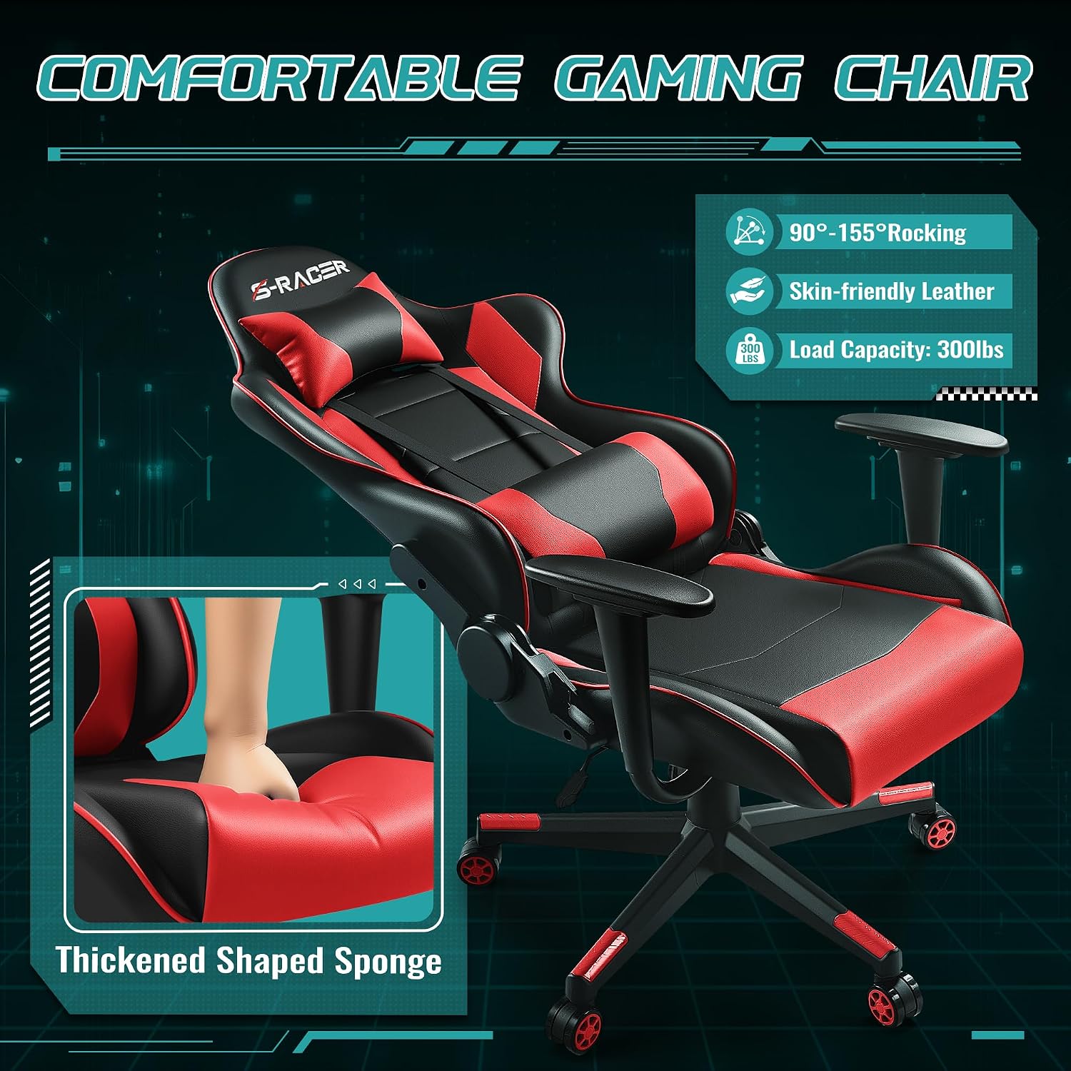 Furniwell Gaming Chair - High Back Computer Desk Chair with Headrest and Lumbar Support (Red)