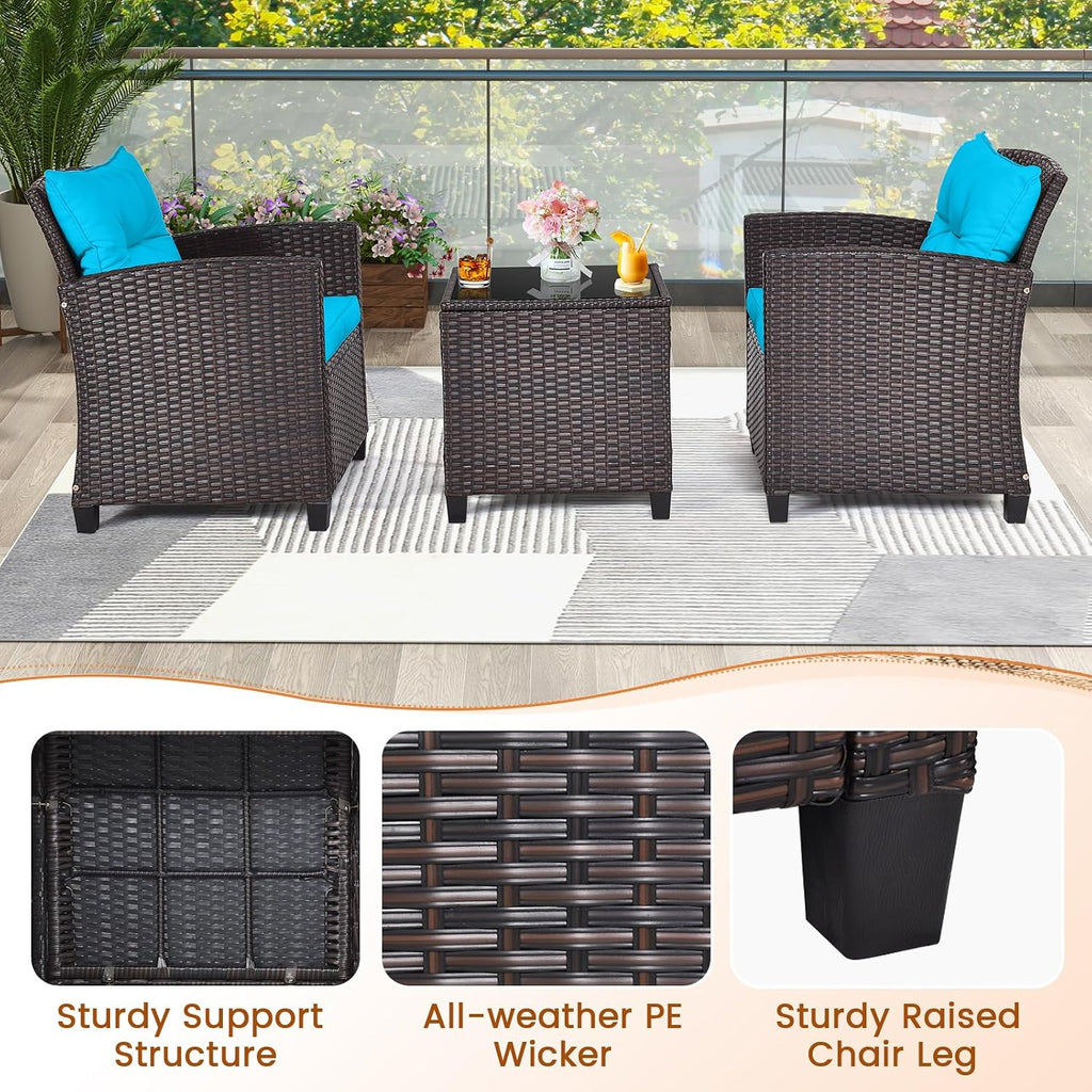 ORALNER 3 Pieces Patio Furniture Set, Outdoor Wicker Conversation Set Rattan Chairs with Cushions, Glass Coffee Table, Bistro Set for Front Porch Balcony Garden Deck Poolside (Turquoise)