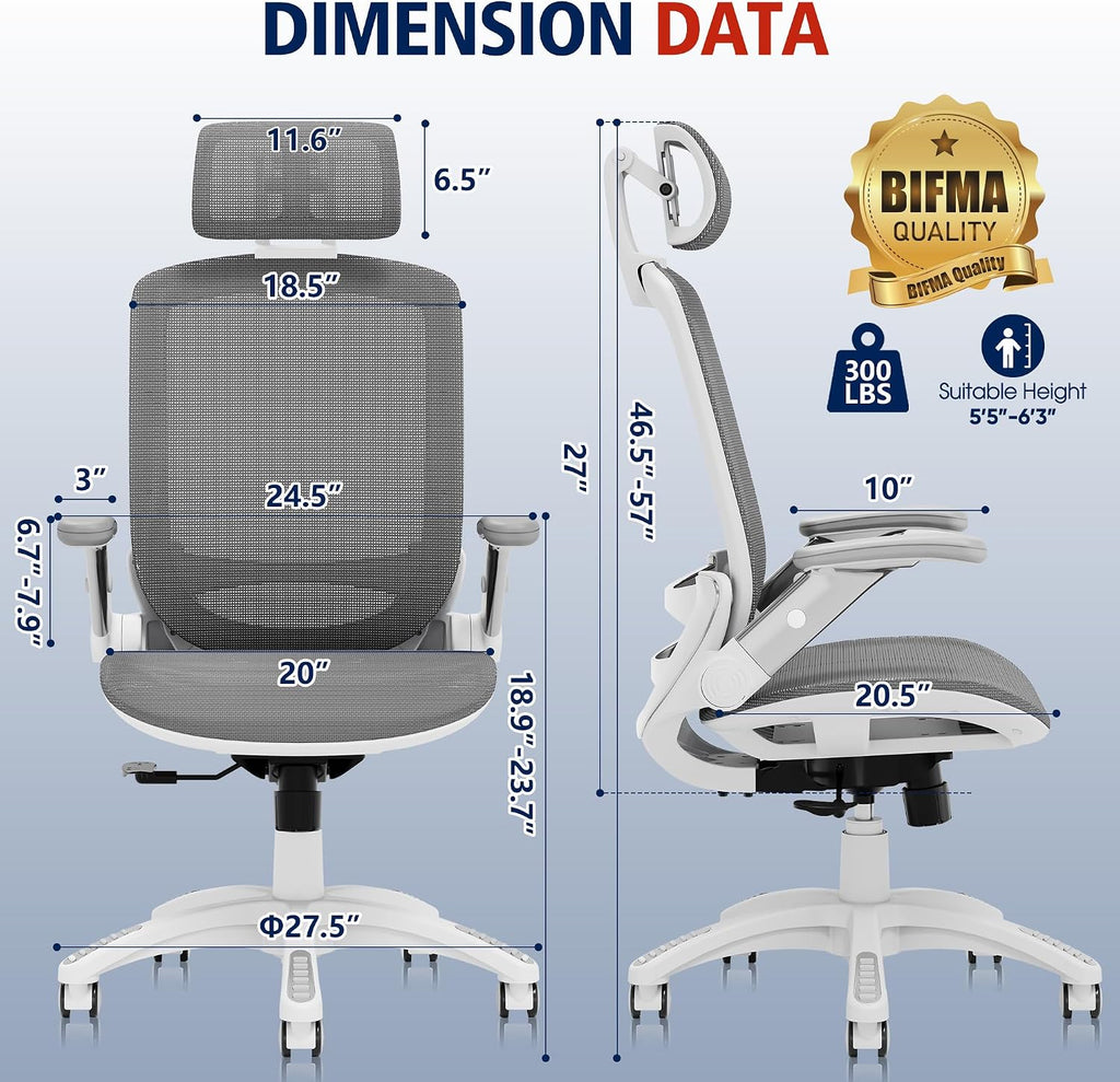 GABRYLLY Ergonomic Office Chair, High Back Home Desk Chair with Headrest, Flip-Up Arms, 90-120° Tilt Lock and Wide Cushion, 300LBS Mesh Chairs for Man Woman, White Task Chair(Dark Grey,GY01WDG)