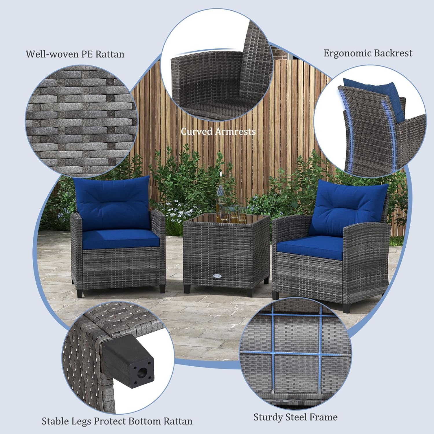 KOTEK 3 Piece Patio Furniture Set, Outdoor PE Rattan Conversation Set with Washable Cushions & Tempered Glass Tabletop, Wicker Chairs and Table Set for Porch, Garden, Balcony (Navy)