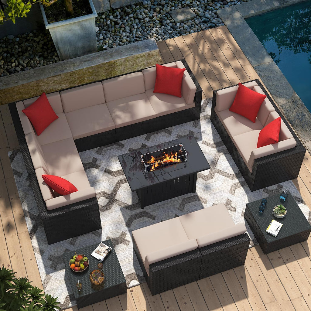 Greesum Patio Furniture Sets 13-Pieces Outdoor PE Rattan Sectional Sofa w/43in Gas Fire Pit Table 55000 BTU Add Warmth to Gatherings Parties On Deck Garden Backyard,Light Beige