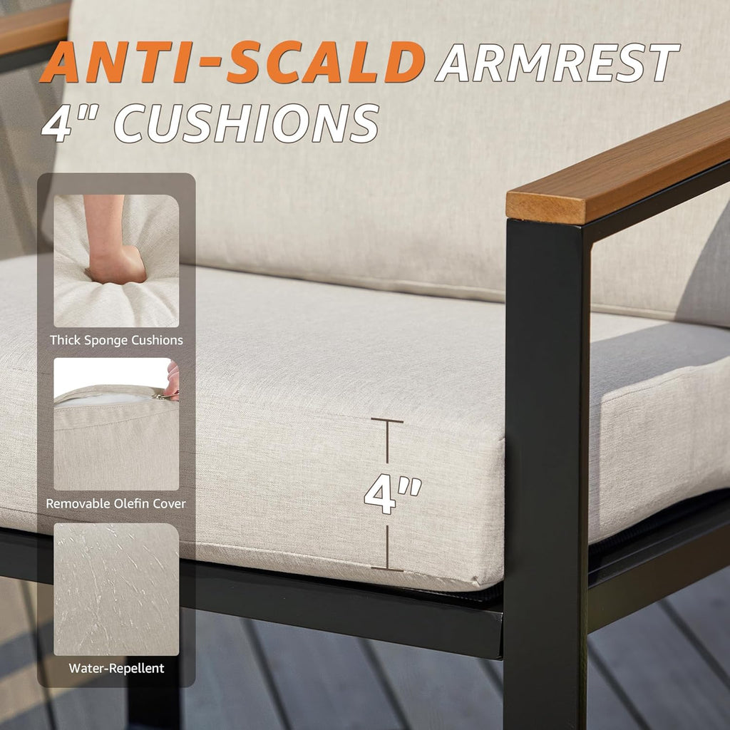 NATURAL EXPRESSIONS 4 Pieces Patio Furniture Sets,Metal Outdoor Patio Furniture Sets,Outdoor Sectional Patio Conversation Set,Wooden Anti-Scald Armrest,Sling Mesh,4' Olefin Cushions
