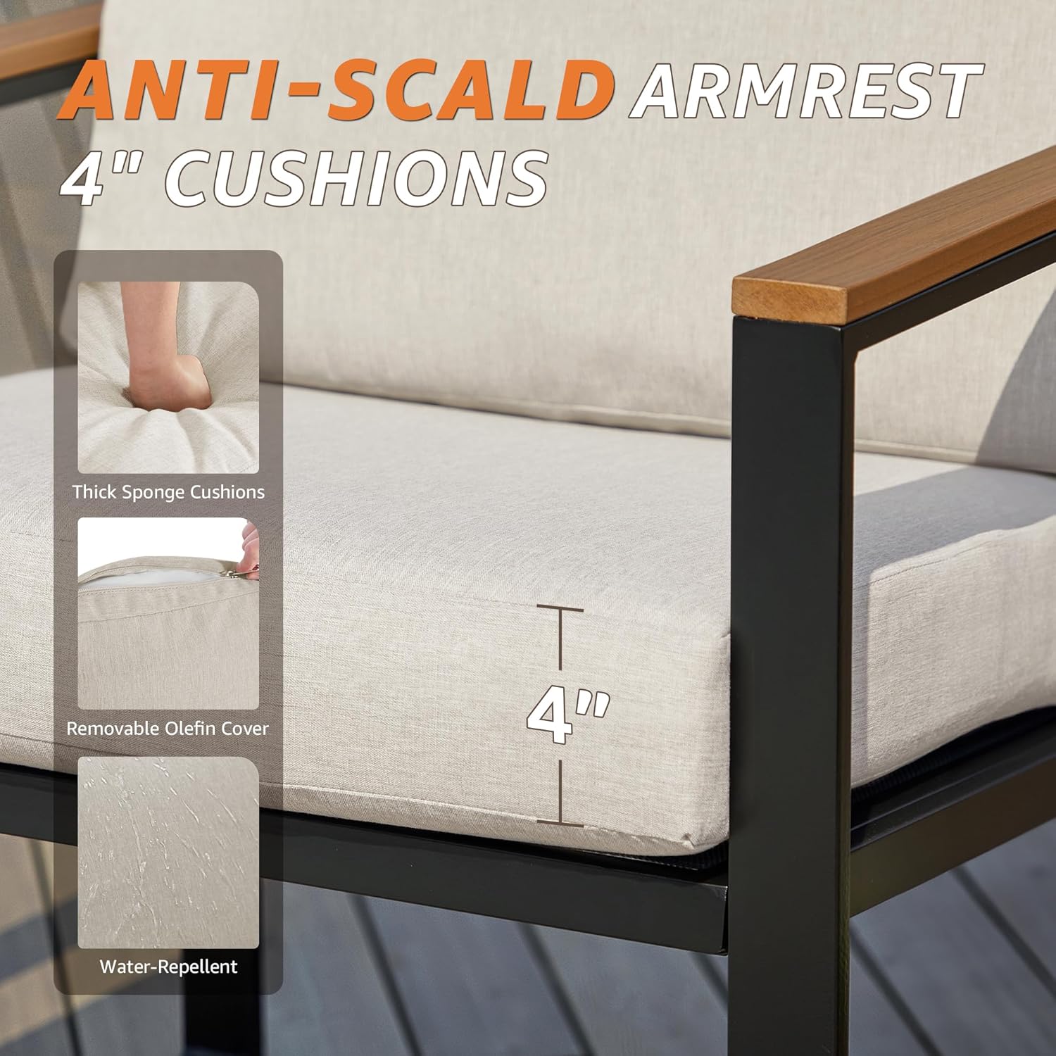 NATURAL EXPRESSIONS 4 Pieces Patio Furniture Sets,Metal Outdoor Patio Furniture Sets,Outdoor Sectional Patio Conversation Set,Wooden Anti-Scald Armrest,Sling Mesh,4' Olefin Cushions