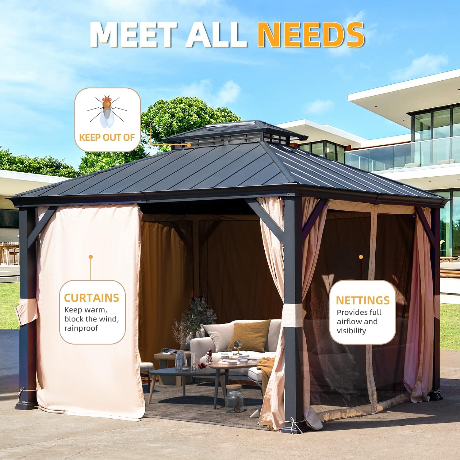 EROMMY 10'X12' Gazebo with Galvanized Steel and Acrylic Roof, Thickened Aluminum Frame Included, Outdoor Permanent Pavilion Gazebos with Curtains and Nettings for Patio, Backyard, Deck