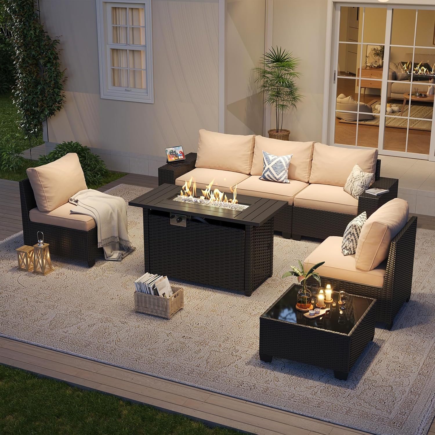 Aoxun Patio Furniture Set with 44'' Fire Pit Table, 7 Pcs Outdoor Patio Furniture Sets with 4in Thicken Cushion and Coffee Table, Widen Armrests Wicker Outdoor Sectional for Backyard & Garden, Beige