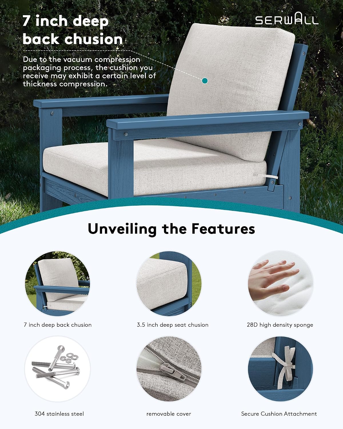 SERWALL HDPE Patio Conversation Set, 6-piece Sectional Outdoor Furniture Set, All Weather Outdoor Couch Set Patio Furniture Set for Deck, Lawn, Blue Frame with Beige Cushion