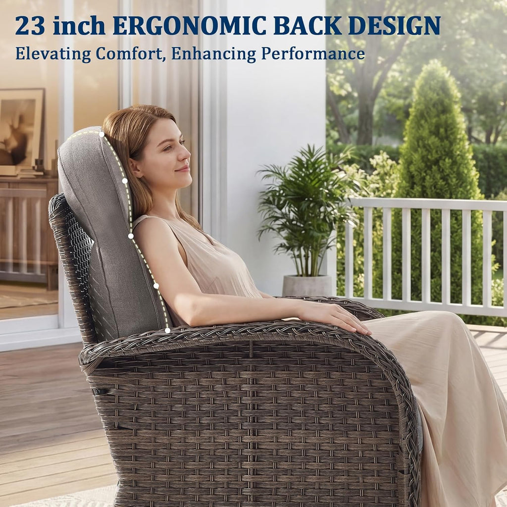 Outdoor Swivel Rocking Chair Patio Set (5-Piece), High-Back - Thick Cushion Swivel Rocking Chair Patio Set, All-Weather Wicker Patio Furniture Set, Suitable for Balcony Patios, Brown/Gery