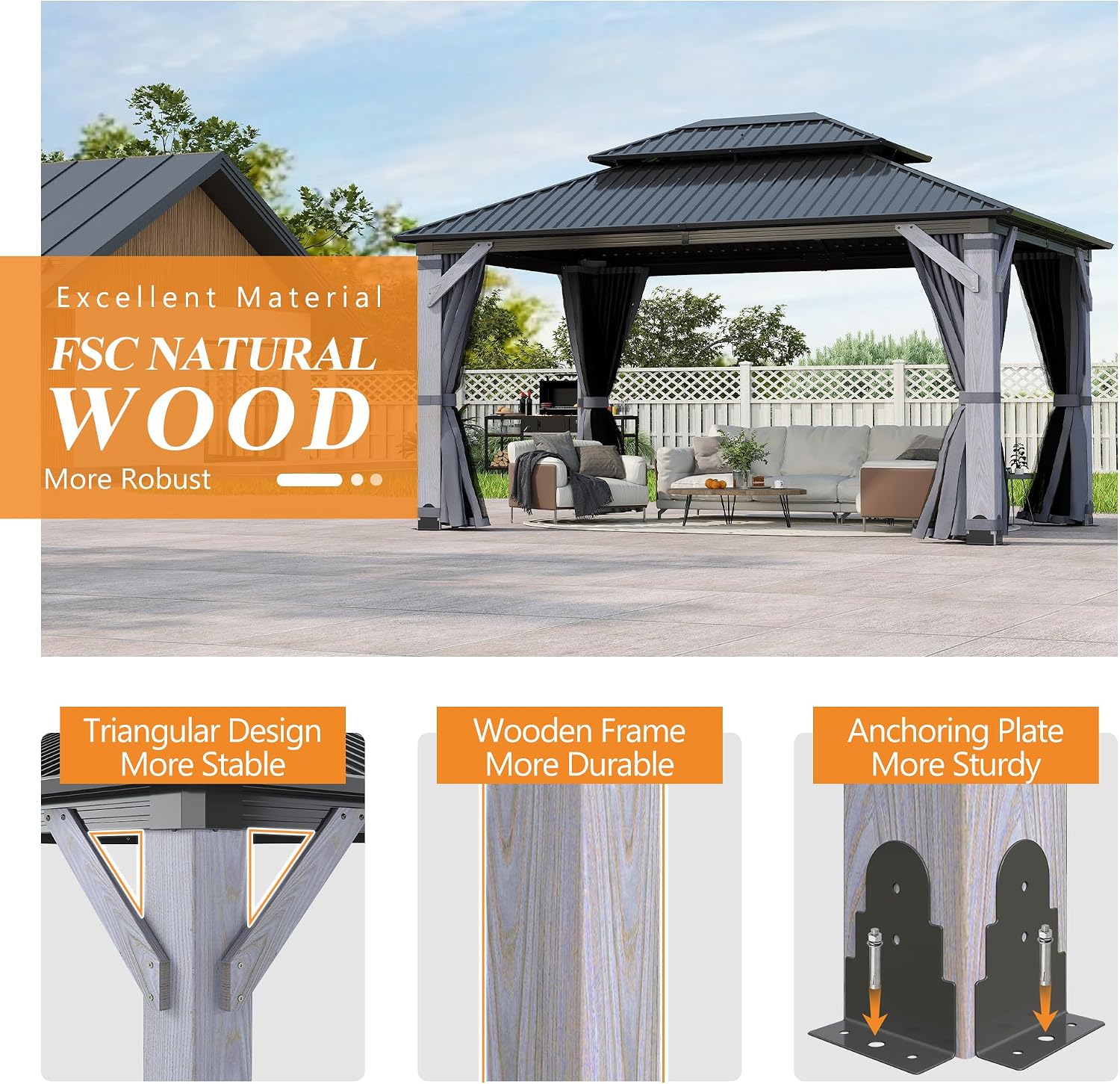 GARTOO 12' x 16' Outdoor Wood Gazebo - Permanent Wooden Hardtop Gazebo Pavilion with Double Curtains, Galvanized Steel Roof Cedar Wood Gazebos for Garden, Lawn, Poolside, Backyard Deck
