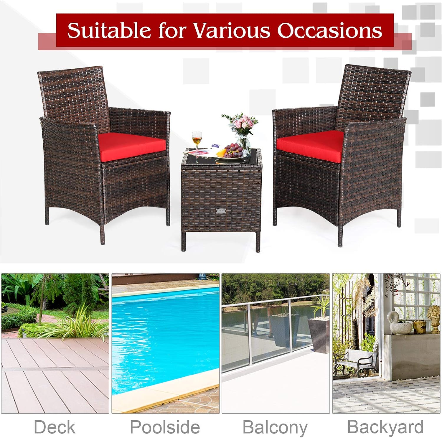 Tangkula 3-Piece Patio Conversation Set, Wicker Chairs with Glass Top Square Coffee Table & Cushions, All-Weather Outdoor Rattan Furniture Set for Garden Backyard Balcony Poolside (Red)
