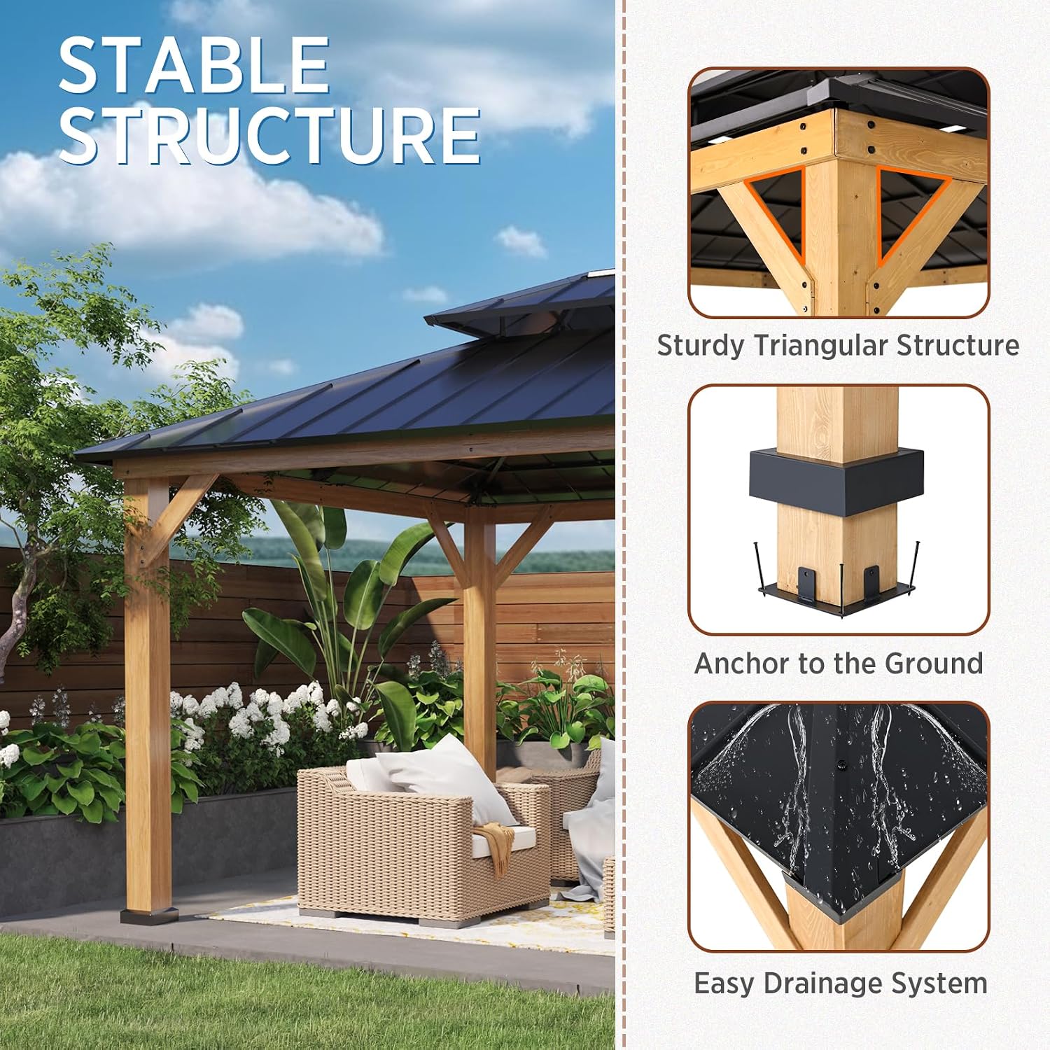 COOS BAY 11x13 Hardtop Gazebo with Cedar Wood Frame, Galvanized Steel Double Roof with UV Protection for Garden, Patio, Poolside, Backyard, Natural Wood/Black